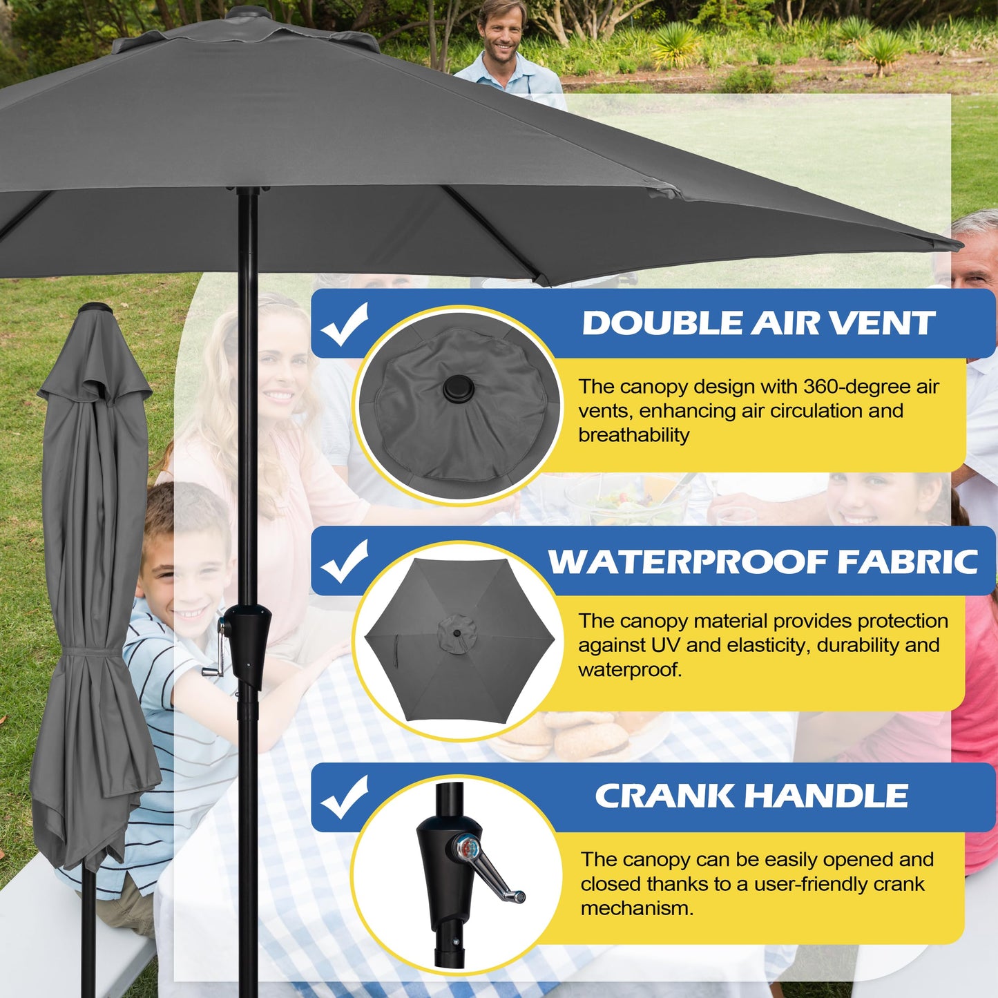 Sunnyglade 9FT Outdoor Patio Umbrella, Market & Table Umbrella with 6 Sturdy Ribs and Crank System, Fade-resistant & Waterproof for Garden Backyard Poolside Deck (Grey, 9FT)
