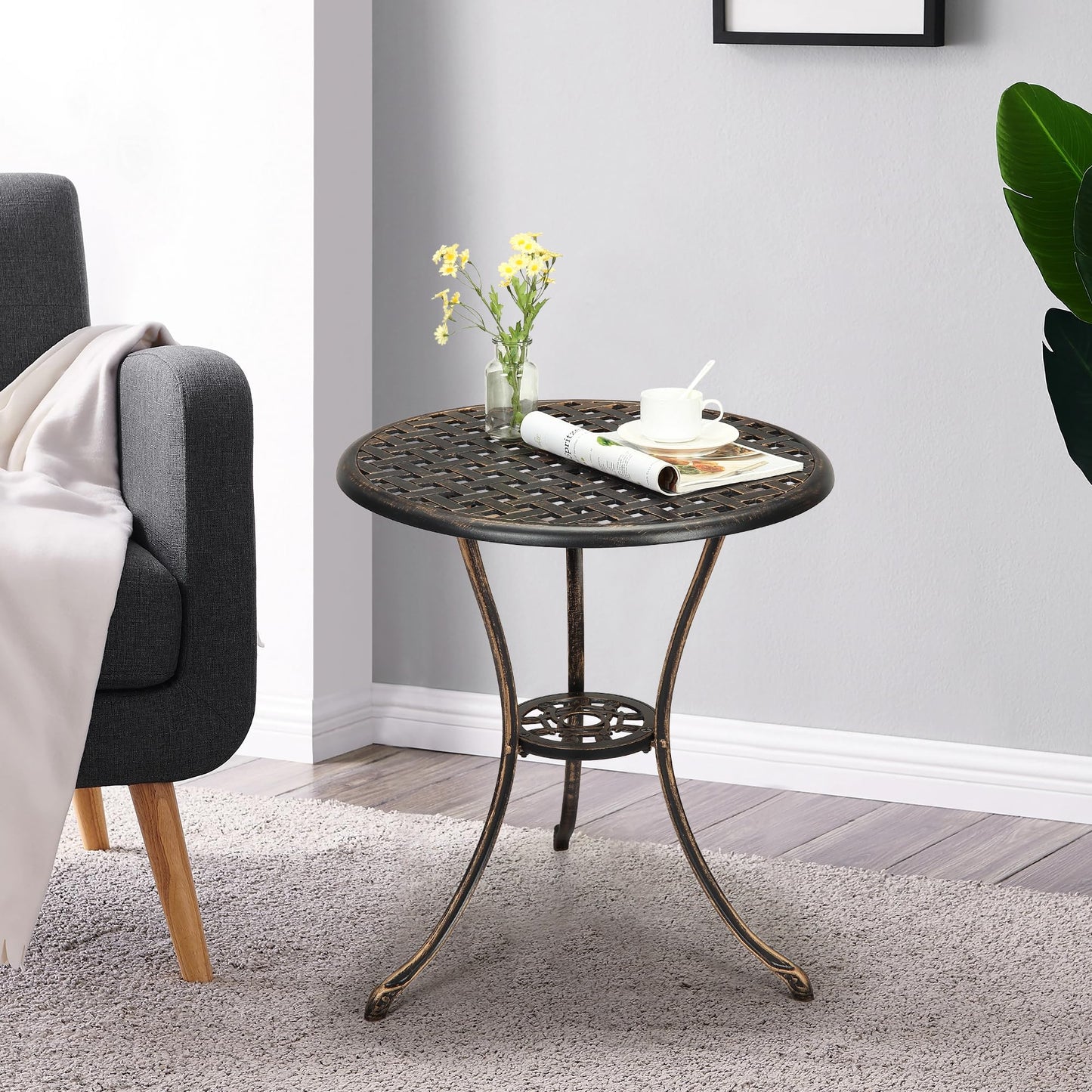 GarveeHome Patio Bistro Table, 24" Round Outdoor Coffee Table with 2" Umbrella Hole, Outdoor Cast Aluminum Bistro Table Side Table with Iron Frame for Balcony Backyard Lawn and Garden, Rustic Brown