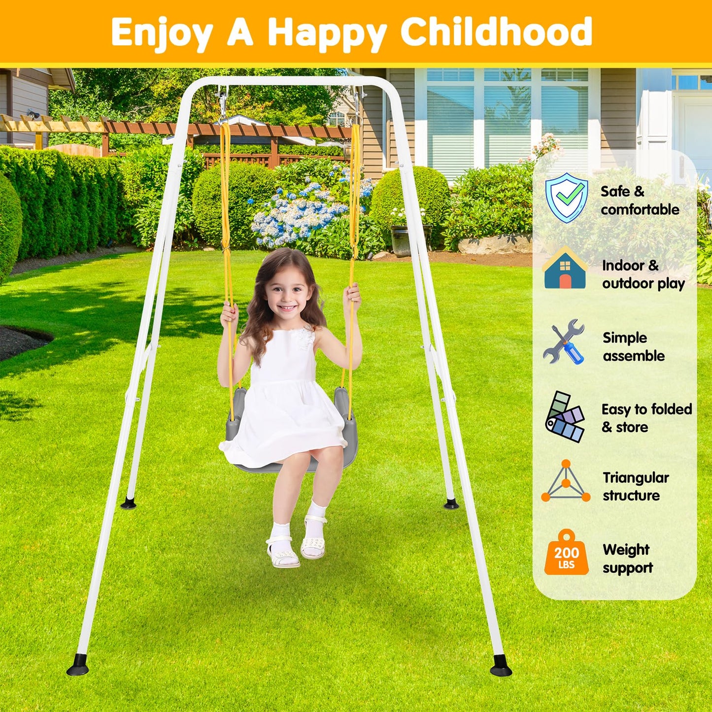 3-in-1 Toddler Swing Set, Foldable Baby Swing with Stand, Indoor & Outdoor Kids Swings Sets, Multifunctional Swings for Home Backyard, Easy to Install and Store (White)
