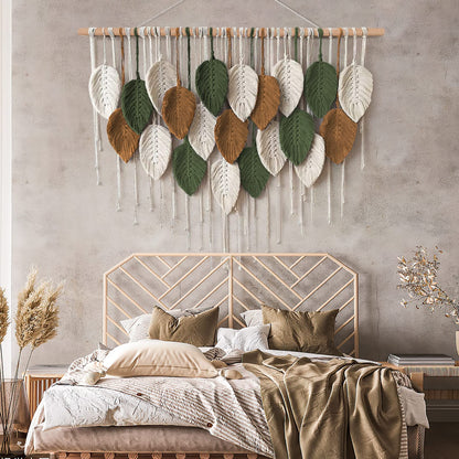 KHOYIME Large Macrame Wall Hanging Boho Woven Tapestry, Chic Home Decor Modern Bohemian Handmade Leaf Feather Wall Art Decorations for Apartment Dorm Living Room Bedroom Nursery Backdrop 39"W X 29.5"L