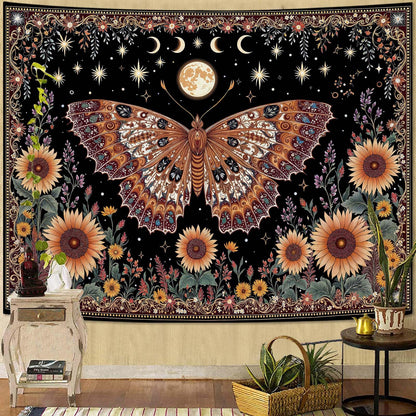 CKM-WOYIN Butterfly Tapestry Moon Star Retro Floral Sunflower Plant Tapestries for Bedroom Witchy Aesthetic Room Decor Tapestries Wall Hanging for Living Room, Bedroom, Dorm (60''×44'')