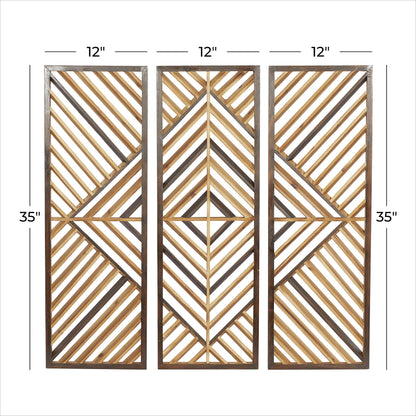 Deco 79 Wood Geometric Home Wall Decor Slatted Wood Design Wall Sculpture, Set of 3 Wall Art 12"W, 35"H, Brown