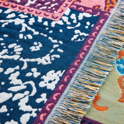 BRYALIX 100% Cotton Muslin Floral Bed Throw Blanket, Lightweight Muslin Quilt, Boho Farmhouse with Fringe, Blue Orange Pink Patchwork, Reversible Jacquard Blanket for Home, Picnic, Travel, 90"x98"