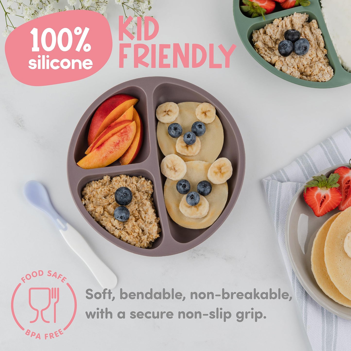 ChériKid Toddler Plates - FEATURES SUPER STRONG QUADRUPLE SUCTION - 100% Food Grade Silicone Baby Plates with Suction - Unbreakable Divided Kids Plates, Baby Essentials Dishes