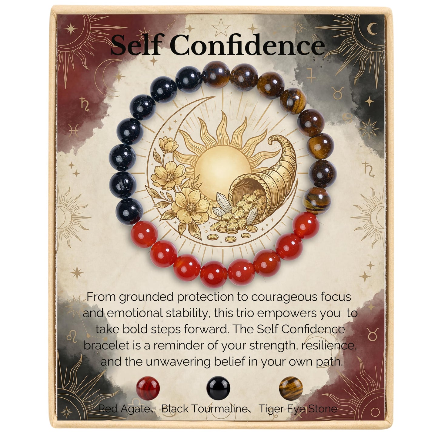 Bivei Self Confidence Bracelet, Strength Crystal Healing Bracelet 8MM with Red Agate & Black Tourmaline & Tiger Eye - Spiritual Stretch Beaded Jewelry for Women Men Gift