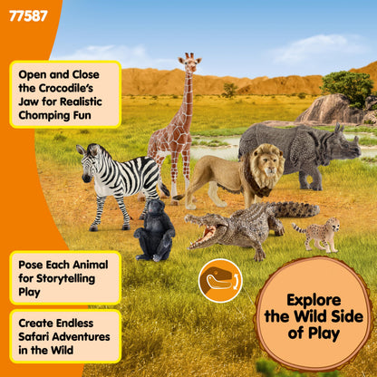 Schleich Wild Life - 7PC Savannah Animal Toy Bundle - Safari Toy Set with Rhino, Crocodile, Cheetah Cub, Monkey, Elephant, Zebra, Giraffe, Lion Figurines - Educational Play for Kids 3+ | 77587