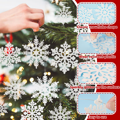 24PCS Snowflake Ornaments, Christmas White Snowflakes Tree Decorations, Plastic Glitter Snow Flakes Decorating Hanging, Xmas Tree Ornaments Indoor Ceiling Fireplace Winter Wonderland Decor
