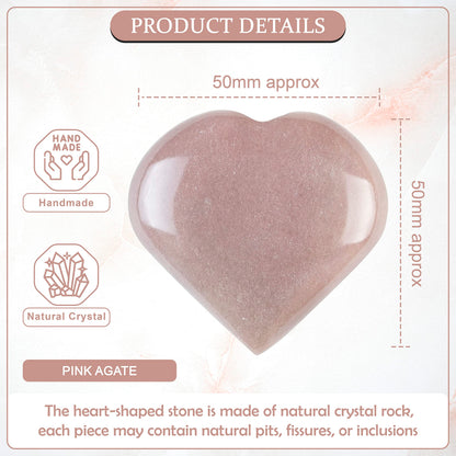 Crocon 50mm Pink Agate Heart stone Big Heart Shape Puff Stones Set 450+ Carats Pocket Crystal Healing Tumble Collection Palm Worry Stone Good Luck Charm Meditation Gift Craft Home Decor