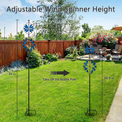 hogardeck Large Wind Spinner Outdoor, 85" Metal Kinetic Wind Spinner with Heavy-Duty Stakes, 360° Rotating Double-Layer Retro Yard Art for Home Outside Garden Lawn Backyard Patio Decor (Blue, Bronze)