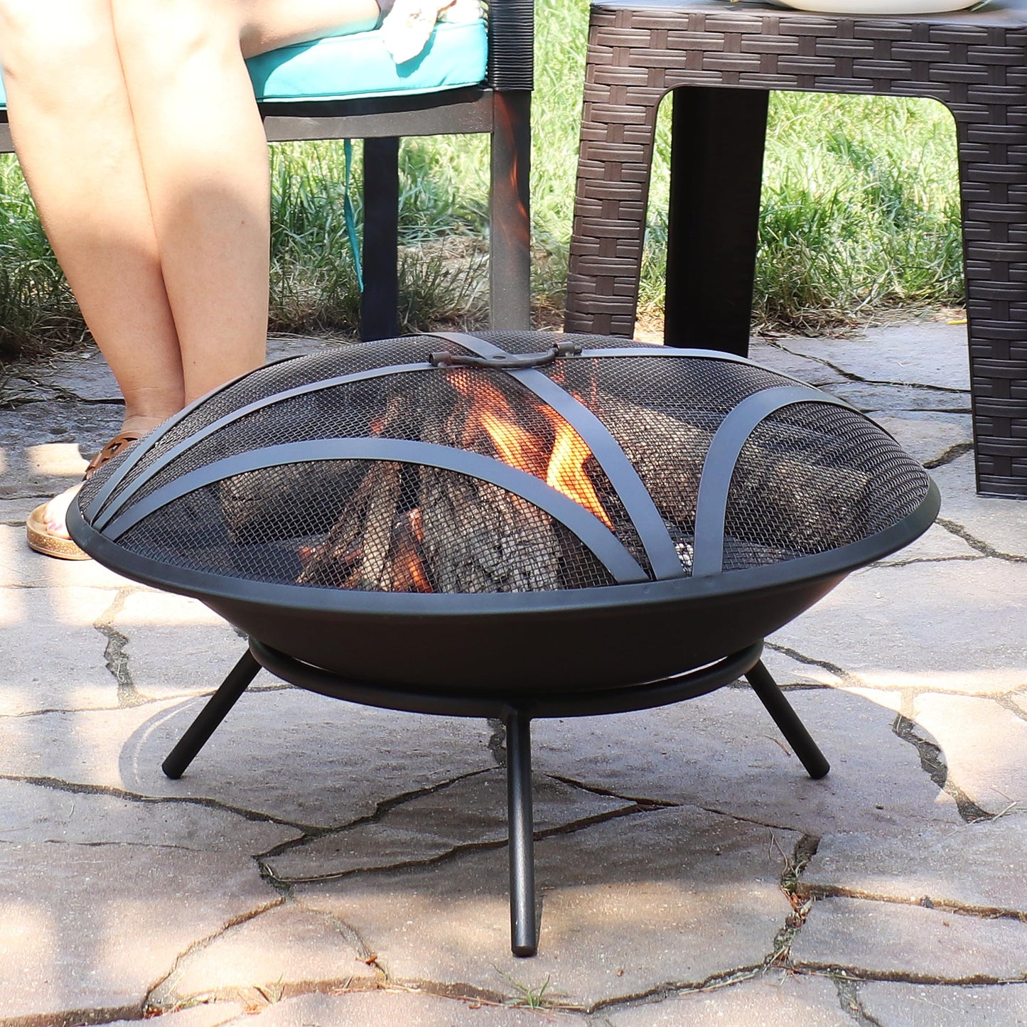 Sunnydaze 23-Inch Replacement Steel Fire Pit Bowl with Round Spark Screen - High-Temperature Painted Finish