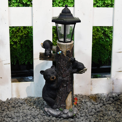 Oritty Bear Statue Welcome Sign Garden Statue with Solar Lights, 19 Inches Resin Bear Family on The Tree, Outdoor Bear Décor for Yard, Garden, Lawn, Patio, Black, Spring Decorations for Home