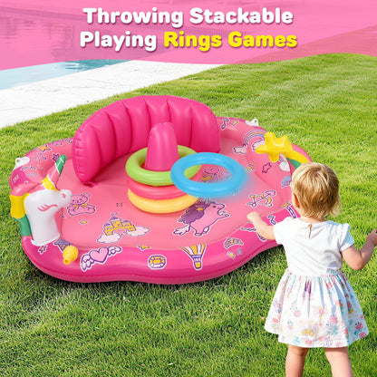 Baby Pool Float with Sprinkler, Inflatable Baby Splash Pad with Stackable Rings Game, Baby Splash Mat with Canopy & Backrest for Toddlers Garden, Beach, Backyard and Bathroom (Pink)
