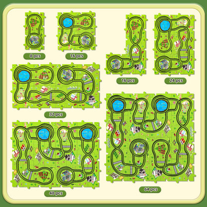 JUKUDAHU 64 Pieces Puzzle Race Track Car Set Toys for 3 4 5 6 Year Old Boys - Puzzle Tracks Car Toys for Kids Ages 3-5 with 3 Sliding Toy Cars, City-Themed, Birthday Gifts for Toddlers 1-3 2-4 4-6