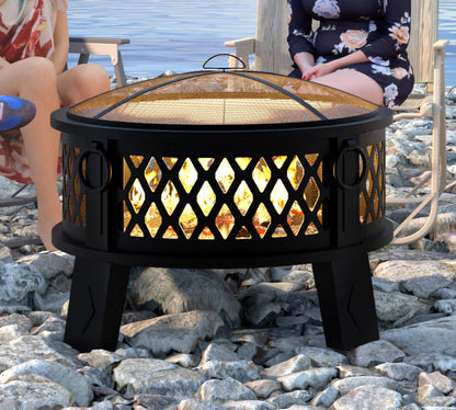 Fire Beauty 26" Steel Fire Pit with Grill & Diamond Mesh Design,360° Airflow Tech for 80% Less Smoke,XL Flames,Heavy-Duty Portable Outdoor Fire Bowl for Camping, Backyard, Beach (22lbs, 4 Handles)