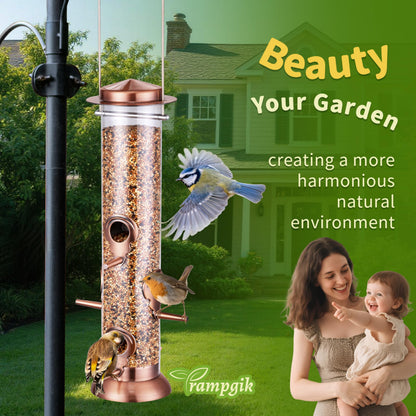 TrampgiK Bird Feeders for Outdoors,13 Inch 6 Ports Squirrel Proof Bird Feefers,Finch Feeder for Outside,Chew-Proof Metal Hanging Bird Feeder,Rust-Proof,Easy to Refill & Clean,Copper,Pack of 1
