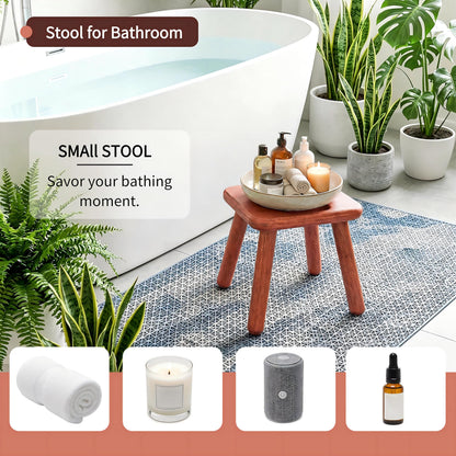 Mezchi 9'' Small Wooden Step Stool with Handle, Non-Slip One Step Stool, Square Portable Footstool, Solid Wood Sitting Stool for Plant, Adult, Kids, Bathroom, Bedroom, Walnut Color