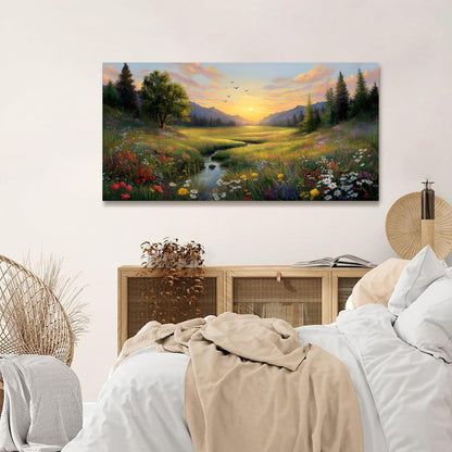 Tarfupth Large Green Landscape Canvas Wall Art for Living Room Sunset Mountain Wildflowers Canvas Prints Nature Scenery Artwork for Bedroom Office Home Decor 20"x40"