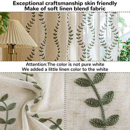 AmHoo 2 Panels Linen Leaf String Floral Embroidered Semi Sheer Curtain Farmhouse Voile Curtains for Living Room Bedroom Window Treatment Sage Green 52 x 63 Inch
