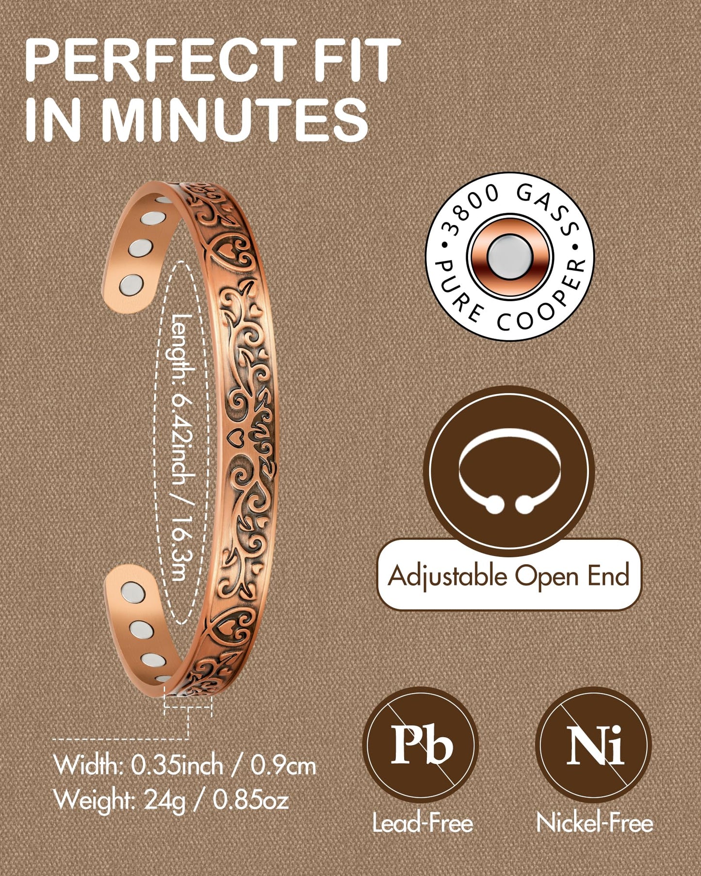 Feraco Copper Bracelets for Women Enhanced Strength Magnetic Bracelets for Women with 3800 Gauss Magnets, Pure Copper Jewelry Adjustable Cuff Bangle with Giftable Box (Original Design)