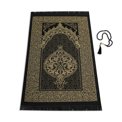 SUMELA Muslim Prayer Rug with Islam Prayer Beads - Travel Prayer Mat, Islamic Gifts for Women, Portable Prayer Matt Islam, Islamic Prayer Rug Islam Men Women, Praying Mat for Muslim Gifts, Black