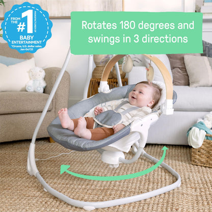 Ingenuity SimpleComfort Compact Baby Swing, Rotating Seat Swings in 3 Directions, 6 Speeds, 8 Melodies & 3 Nature Sounds, Ages 0-9 Months, Up to 20 Pounds - Parker
