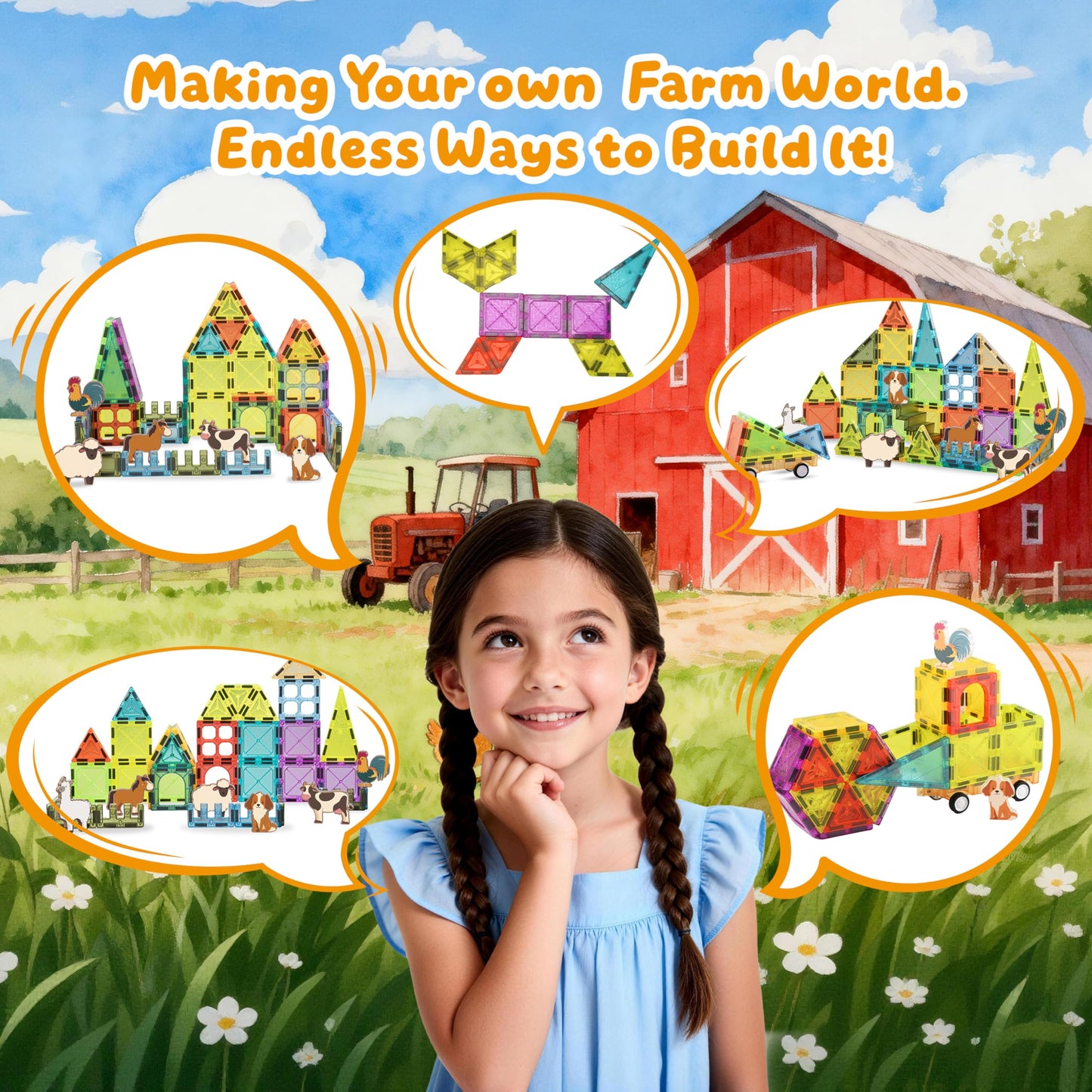 RiteHold Magnetic Tiles Farm Animals 52PCS, STEM Toys Magnet Building Blocks for Kids Ages 3 4 5 6 7 8, Toddler Construction Stacking Tiles Toys Gifts for Boys Girls 3+