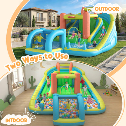 HOMMOW Inflatable Bounce House with Double Slide, Bouncy Castle for Kids 3-12 with Blower, Water Cannon, Football Net, Jumping, Climbing Wall, Basketball Hoop, Backyard Water Park for Kids