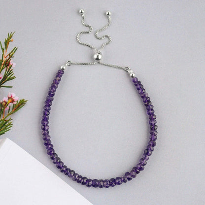 OdrillionGems Natural Purple Amethyst Gemstones Beaded Bolo Bracelets 925 Sterling Silver Adjustable Slider Chain Chakra Crystals February Birthstones Wedding Handmade Jewelry Gift for Women 6+4inch