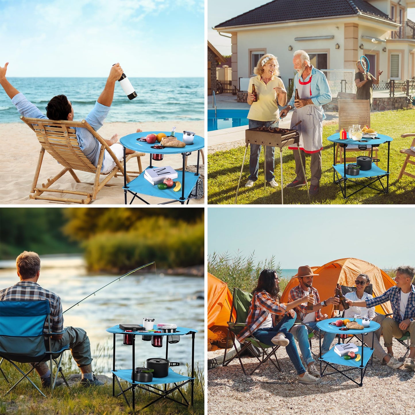 VILLEY Folding Camping Table, Lightweight Double-Layer Round Table with 4 Cup Holders and Carry Bag, Portable Beach Table for Camp, Travel, Fishing, Outdoor Activities, Blue