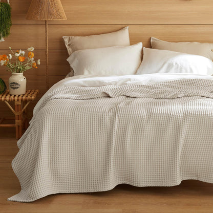 Bedsure 100% Cotton Blanket Queen Size for Spring Summer, Waffle Weave Thin Lightweight Breathable Blanket for Bed, Cotton Bedding Room Decor Gifts for Women, Men, Linen, 90" x 90"