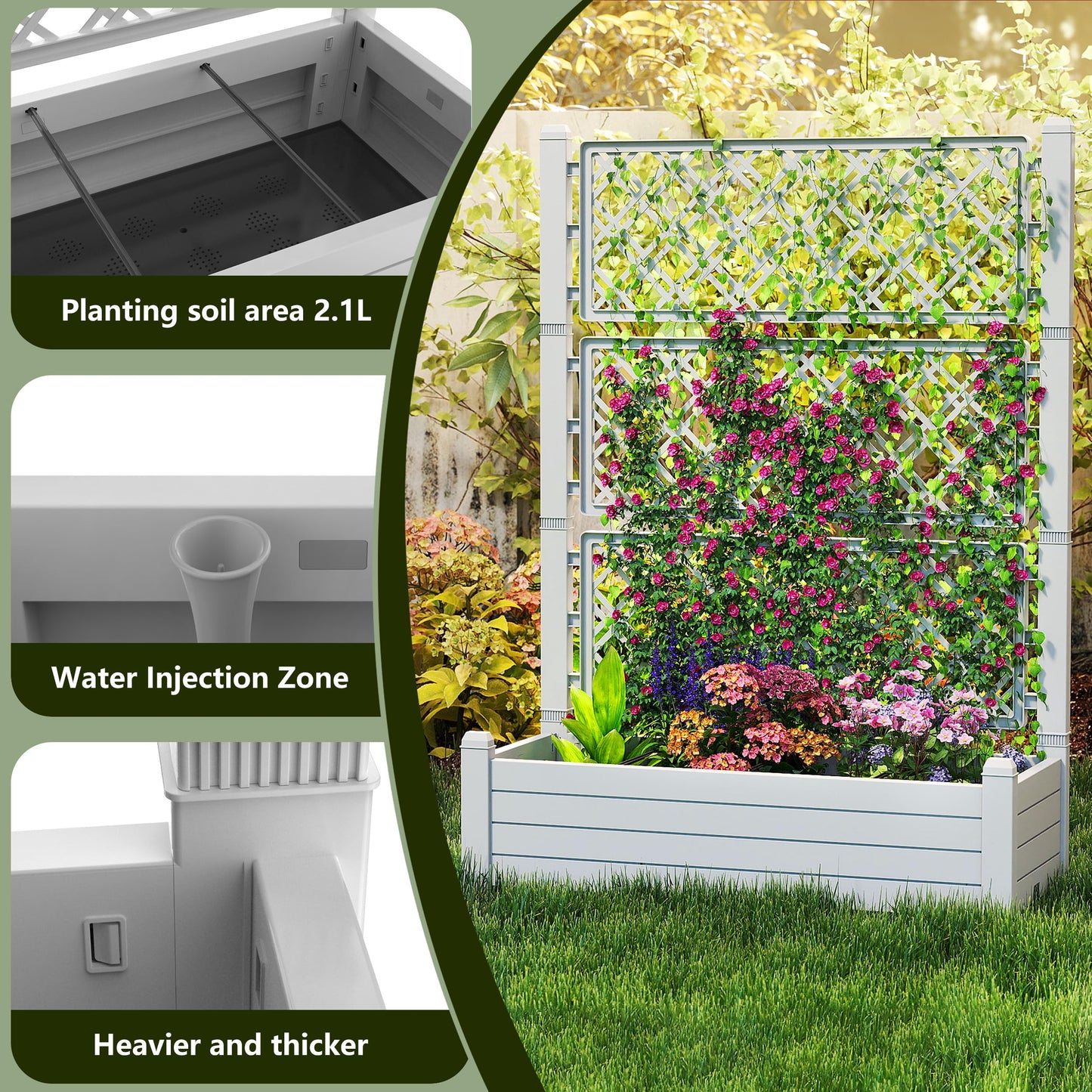 EasyUp Raised Garden Bed with Trellis for Climbing Plants, Outdoor Herb Planter Box with Drainage Plug & Water Gauge, Durable Resin for Patio, Balcony, Yard, Dust-Proof Garden Planter