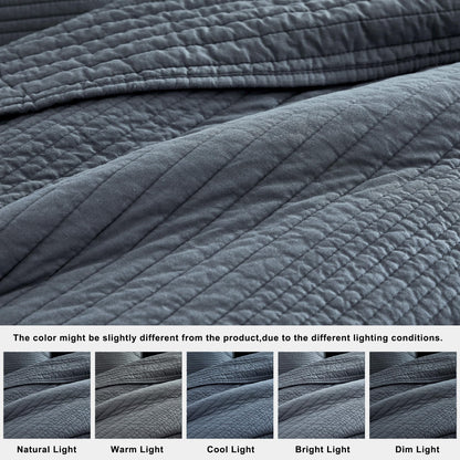 palassio Striped Blue Grey 100% Cotton Quilt Queen Size Bedding Sets, Lightweight Crinkly Channel Pick Stitch Textured Bedspread Soft Shabby Chic Farmhouse Country Coverlet for All Season, 2 Shams