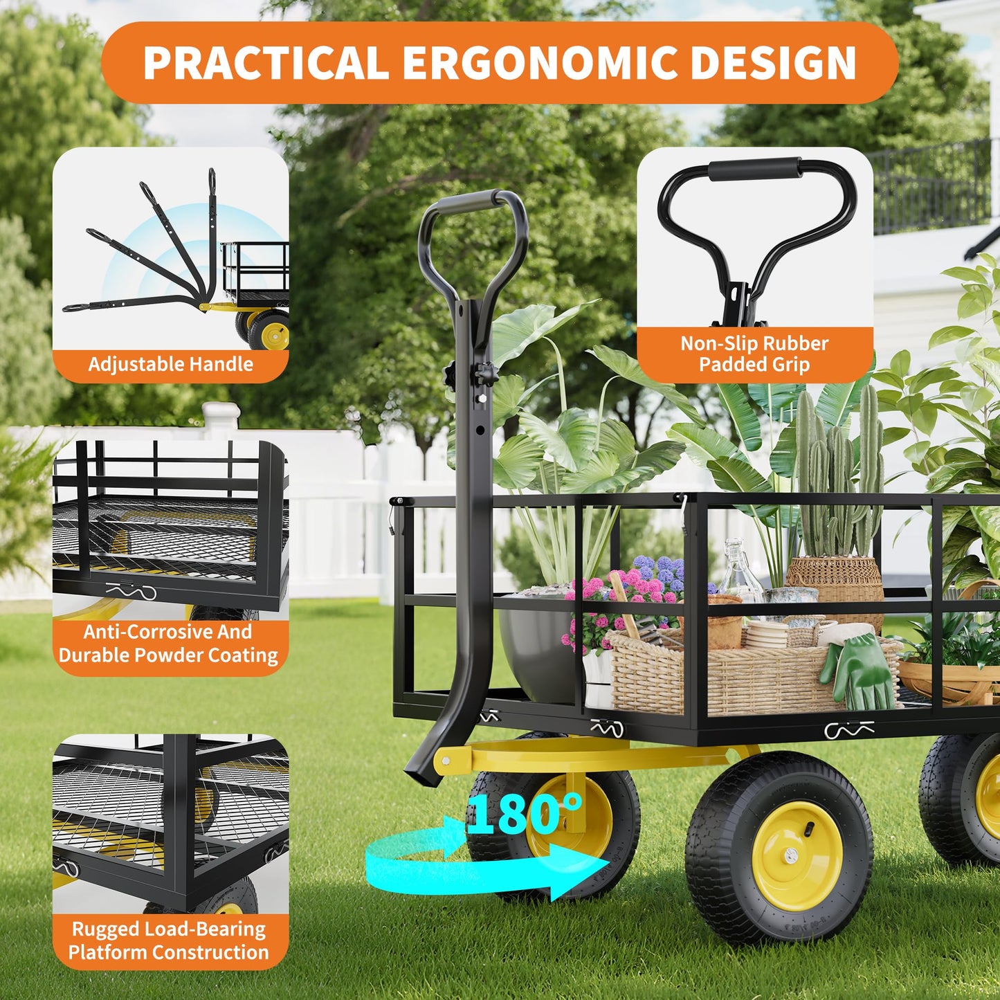 3-in-1 Heavy-Duty Steel Garden Cart, 1200 Lbs Garden Wagon, with 13 Inch All-Terrain Tires and Removable Mesh Side Panels, 180° Rotating Handle, Metal Utility Yard Trailer, Outdoor Gardens Wagon Cart