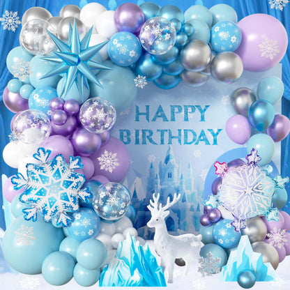 103pcs Winter Wonderland Balloon Garland Arch Kit with Giant 3D Ice Crystal Star & Gradient Snowflake Foils, 18/12/10/5 Inch Metallic Blue Purple Silver Printed Latex for Girls Ice Princess Birthday