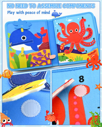 Meafeng Ocean Busy Book for Toddlers 1-3 - Montessori Learning Toy with Sea Animals & Life Skills, Travel Quiet Book for 1 2 3 Year Old Boys Girls, Educational Toddler Toy for Car & Airplane Travel