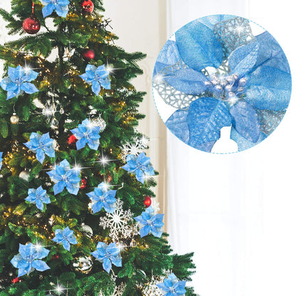Boao 24 Pieces Christmas Artificial Glitter Poinsettia Flowers Xmas Flowers Wedding Christmas Tree New Year Ornaments(Blue)