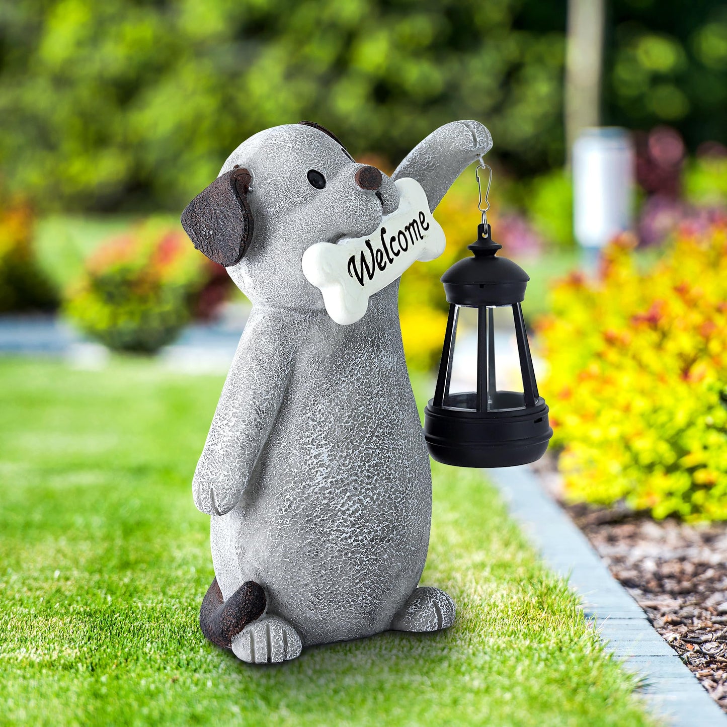 Olekki Solar Dog Garden Statue with Lantern Light – 9.2in Outdoor Dog Figurine for Yard Patio Garden Decor, Cute Memorial Gift for Women Mom