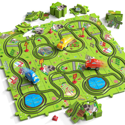 JUKUDAHU 64 Pieces Puzzle Race Track Car Set Toys for 3 4 5 6 Year Old Boys - Puzzle Tracks Car Toys for Kids Ages 3-5 with 3 Sliding Toy Cars, City-Themed, Birthday Gifts for Toddlers 1-3 2-4 4-6