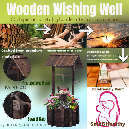 NestNature 21.75" Carbonized Wooden Wishing Well Planter for Outside, Rustic Outdoor Wishing Well with 4 Reinforced Rods & Hanging Bucket, Decorative Well Cover for Yard Garden Patio Lawn Backyard
