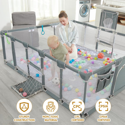 XNWQL Baby playpen, 79"x71"Baby Playpen with Mat Indoor＆Outdoor Playpen for Babies and Toddlers with Breathable Play Pen with Ocean Balls Hanging Pocket Basketball Hoop and Football Goal