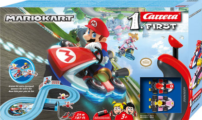 Carrera First Mario Kart - Slot Car Race Track with Spinners - Includes 2 Cars: Mario and Peach - Battery-Powered Beginner Racing Set for Kids Ages 3 Years and Up