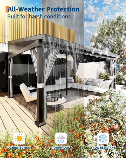 10X14 ft Wall Mounted Lean to Gazebo with Gutters System & Sliding Netting, Aluminum Frame, Connectable Wall Mounted Gazebo Pergola with Sloping Galvanized Steel Roof for Patio, Garden, Grey