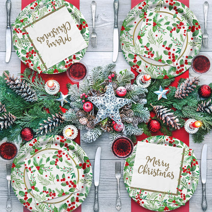 Christmas Party Supplies, Serve 50, Christmas Seasonal Holly Tableware Includes: Paper Dinner Plates, Dessert Plates, Luncheon Napkins and Beverage napkins, Great for Party Decorations