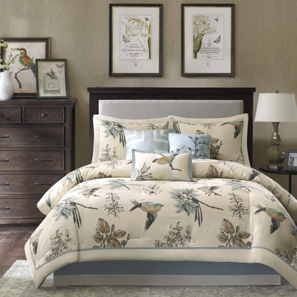 Madison Park Quincy Cozy Comforter Nature Scenery Design - All Season Bedding, Matching Bed Skirt, Decorative Pillows, Quincy, Leaf & Bird Khaki Cal King(104"x92") 7 Piece
