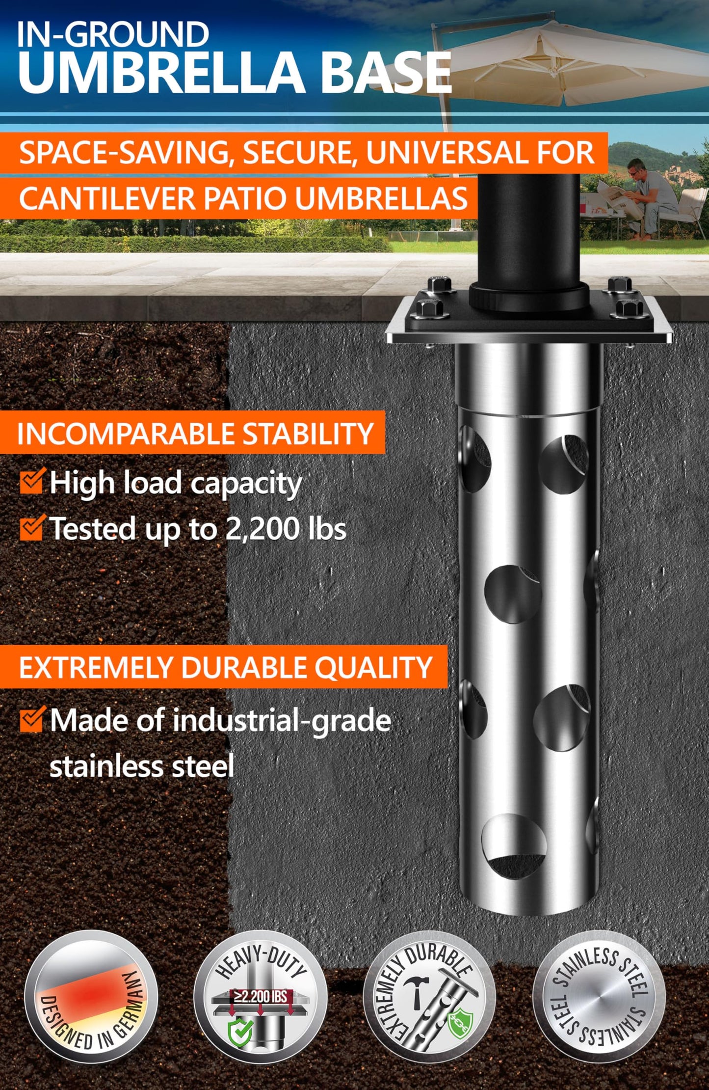 4smile In-ground umbrella base, stainless steel - In-ground umbrella holder, lifelong quality - Umbrella stand outdoor base, load capacity up to 2,200 lbs