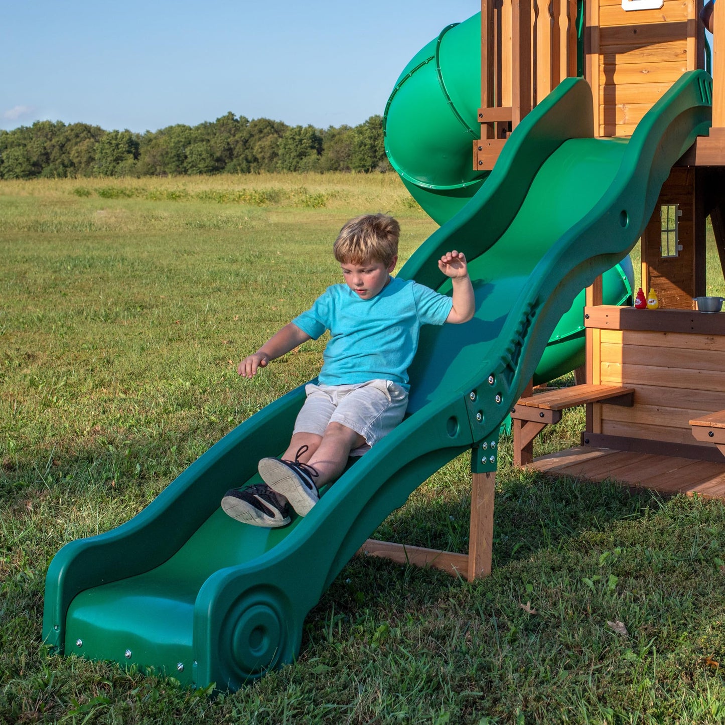Backyard Discovery Cedar Cove Wood Swing Set with Spiral Tube and Wave Slide, Clubhouse, Toy Grill, Snack Bar, Rock Wall, Belt Swings, Web Swing, Balcony,Chalkboard, Ladder,Outdoor Playset 10 Years
