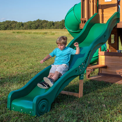 Backyard Discovery Cedar Cove Wood Swing Set with Spiral Tube and Wave Slide, Clubhouse, Toy Grill, Snack Bar, Rock Wall, Belt Swings, Web Swing, Balcony,Chalkboard, Ladder,Outdoor Playset 10 Years