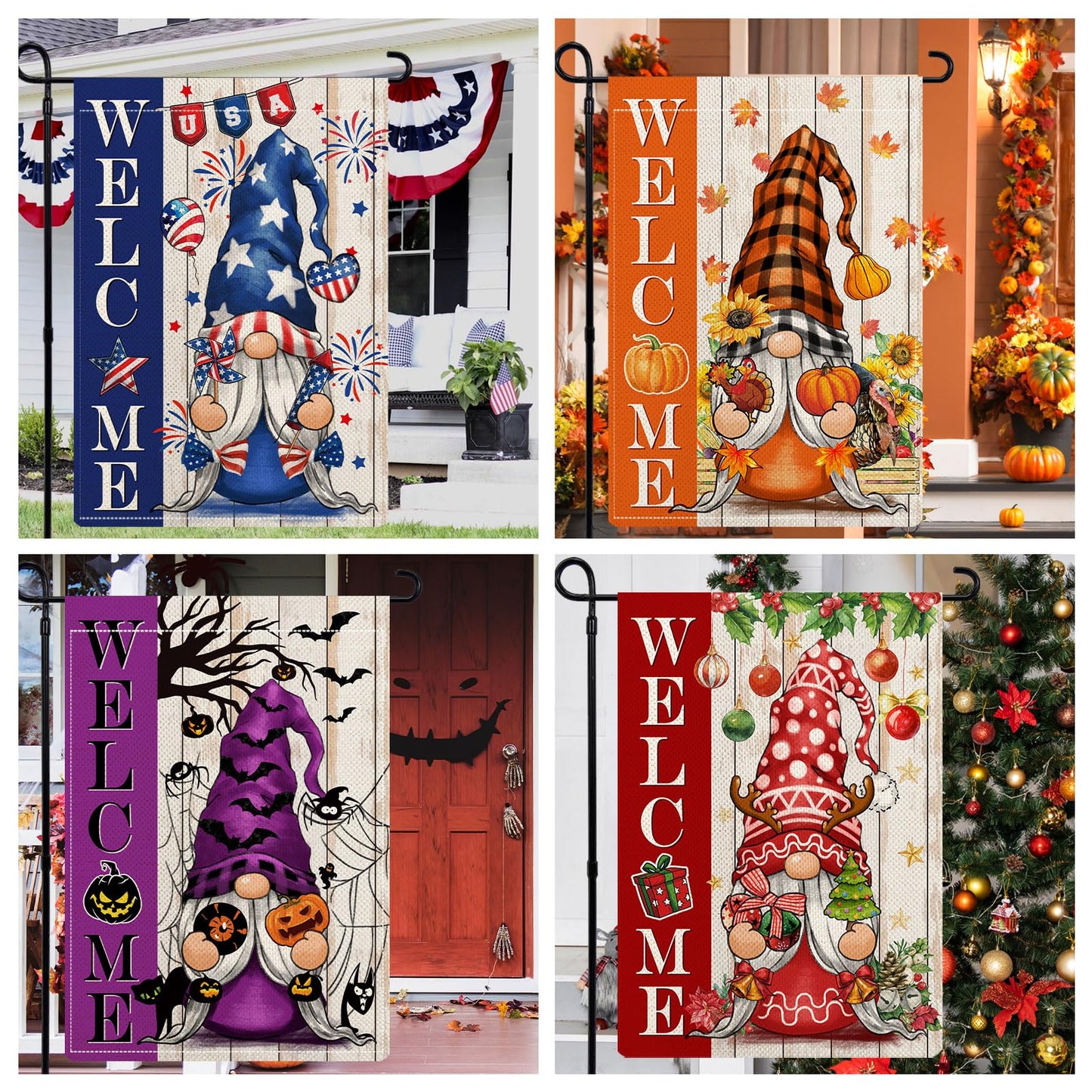 YOVOYOA Gnome Garden Flags for Outside Set of 12, Welcome Seasonal Garden Flags 12x18 Double Sided, Gnomes Holiday Lawn Flags, Gnome Winter Spring Outdoor Garden Flag for Yard Farmhouse Decor