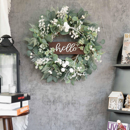 Winter Wreaths Front Door, Soomeir 24 Inch Winter Door Wreath with Snow Leaves, Pines Needles and Hello Wooden Sign for Home Window Mantle Indoor Outdoor Decor