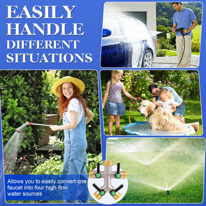 EJW Hose Splitter 4 Way, Garden Hose Splitters, 4 Way Faucet Splitter, Water Spigot Splitter, RV Brass Hose Splitter,Heavy Duty Garden Hose Splitter, Hose Valve 3/4 Inch GHT Thread.